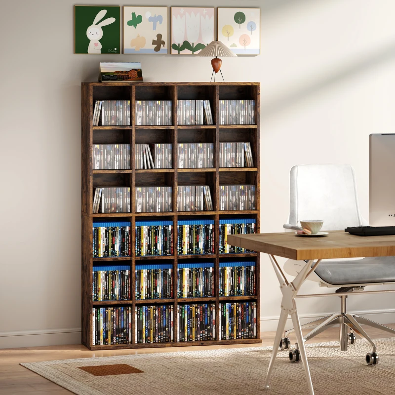 HOMCOM Mueble de Almacenamiento 456 CDs / 336 DVDs, Estantería Multimedia, 24 Compartimentos y 16 Estantes Ajustables, Marrón