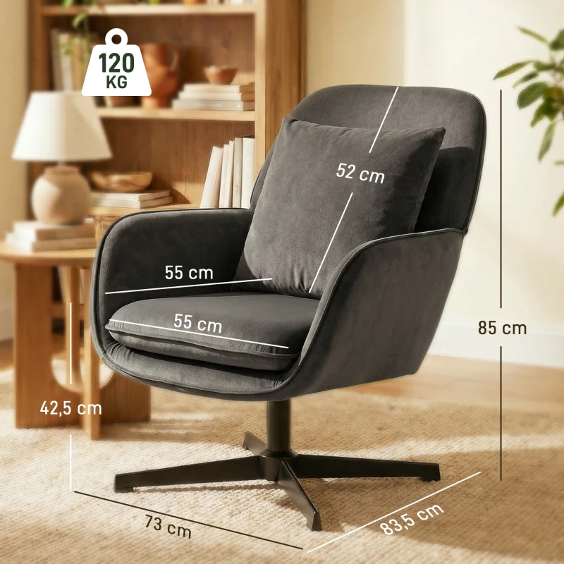 HOMCOM Fauteuil salon, fauteuil d'appoint rembourré en velours avec large assise, coussin et structure en métal, gris foncé