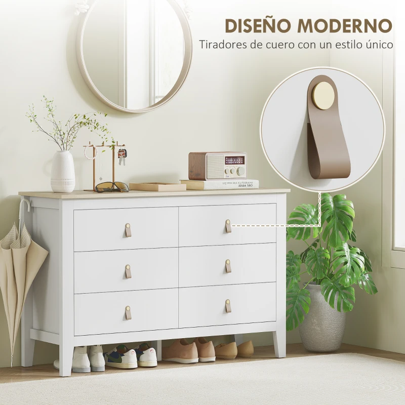 HOMCOM Cómoda para Dormitorio con 6 Cajones Tiradores de PU Cajonera para Salón Pasillo 120x40x78 cm Blanco