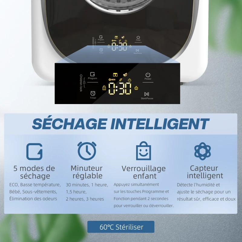 HOMCOM Sèche-linge à évacuation portable 4 Kg, sèche-linge 800 W compact, 5 modes de séchage, minuterie, blanc