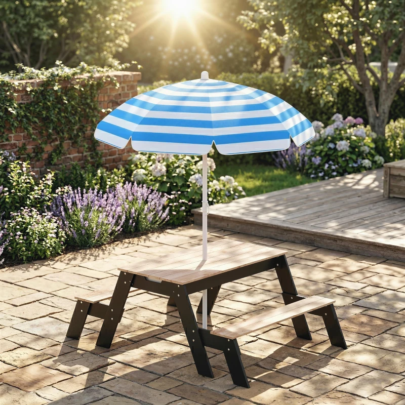 AIYAPLAY Table de pique-nique enfants avec parasol, 3 en 1 salon de jardin en bois pour enfants 3-6 ans avec 2 boîtes, naturel