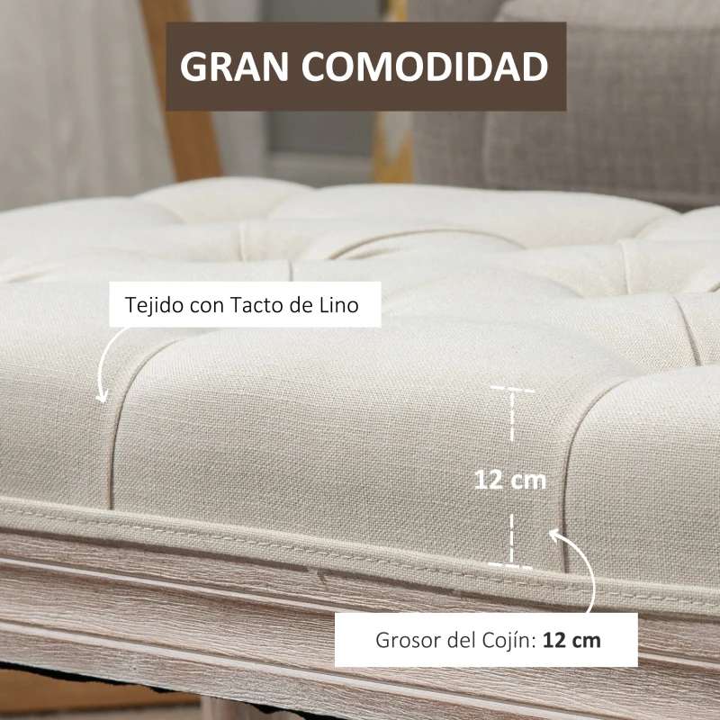 HOMCOM Banco Pie de Cama, Taburete Pie de Cama Tapizado en Lino Sintético con Patas de Madera y Asiento Acolchado, Estilo Vintage, Banco para Dormitorio, Entrada, Pasillo, Beige