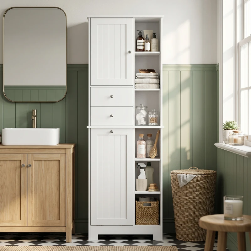 HOMCOM Colonne de salle de bains 171 cm, meuble étroit avec panier à linge coulissant, 2 tiroirs, Blanc