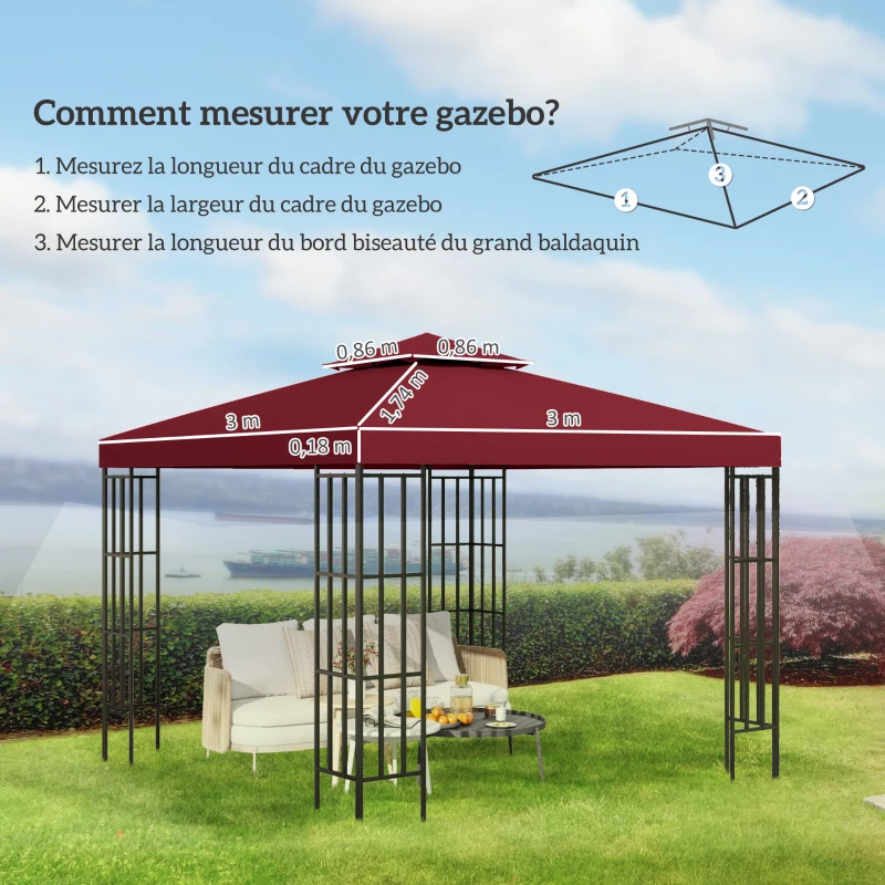 Outsunny Teto de Reposição para Pavilhão de Jardim Lona de Reposição para pavilhão tenda 3 x 3 m Vermelho vinho