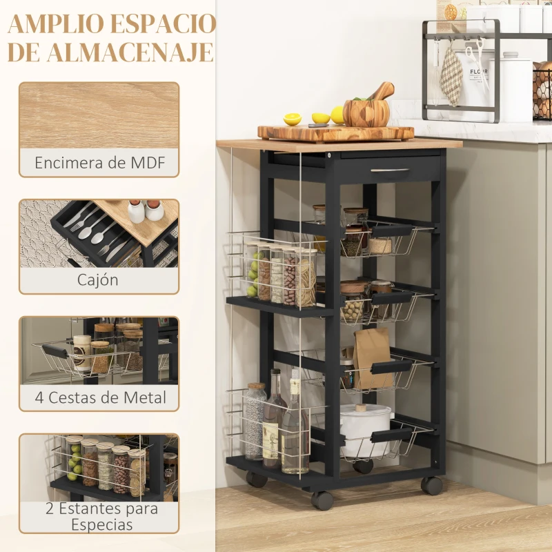 HOMCOM Carrito de Cocina con Ruedas Carrito Multiusos con Cajón 4 Cestas Extraíbles de Metal y Bastidores 47x37x83 cm Negro