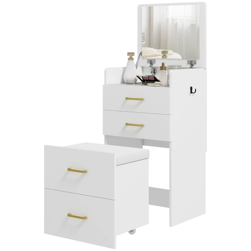 HOMCOM 3-in-1 Make-uptafel met Spiegel, Nachtkastje, Rollende Kruk, Lades, Wit(m-11)