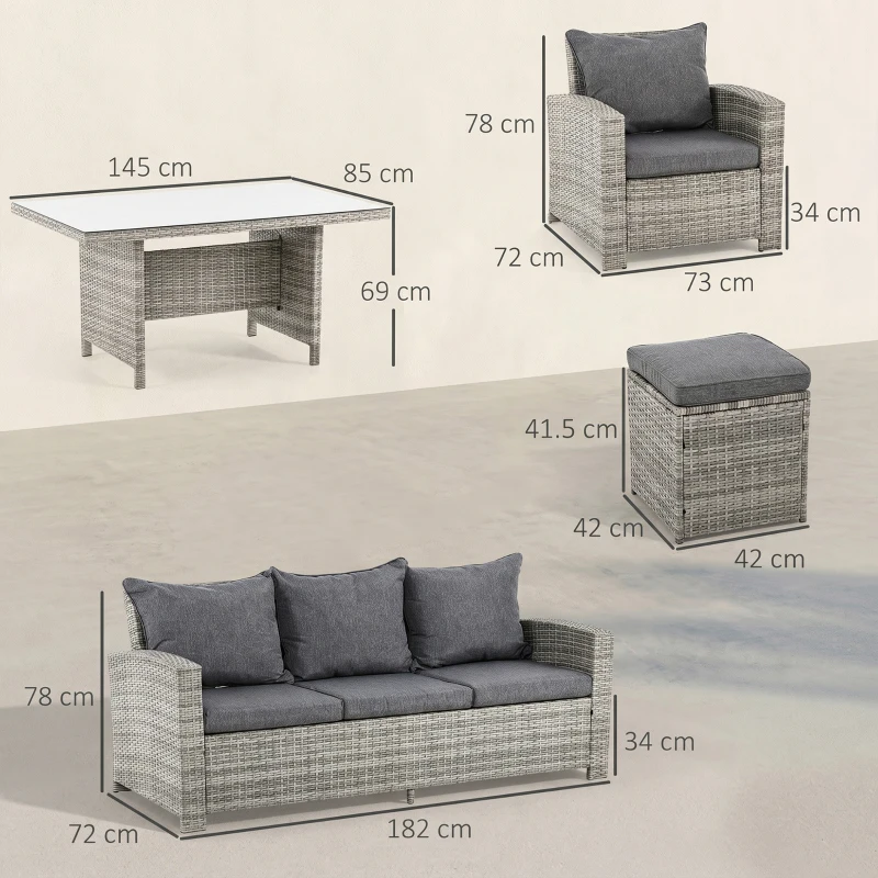 Outsunny 6-Piece Wicker Rattan Garden Set, Aluminium Patio Wicker Dining Sets with Glass Top Table & Soft Cushion, Light Grey