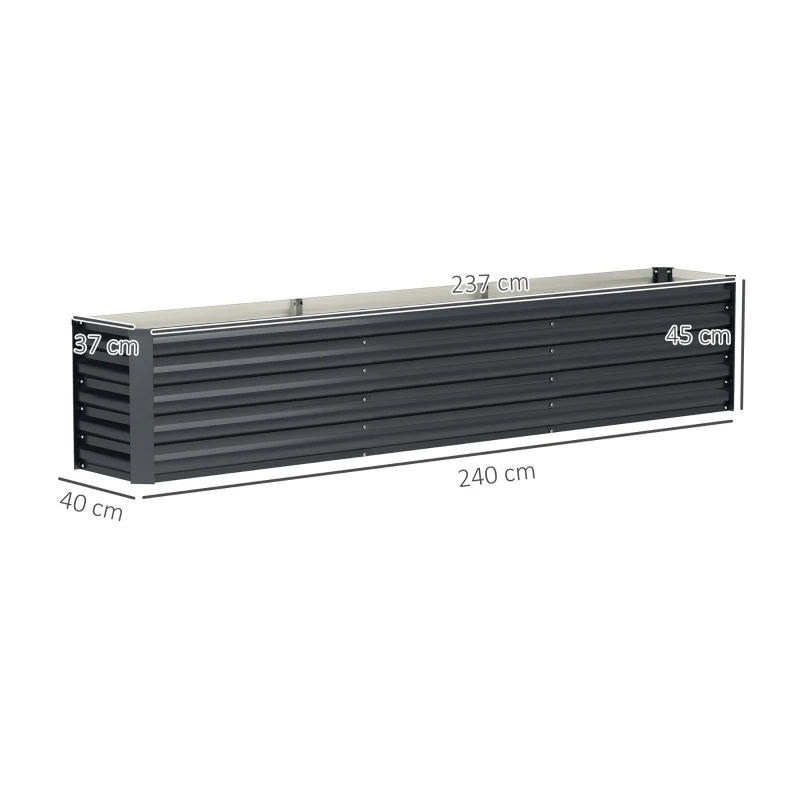 Outsunny Canteiro elevado em aço galvanizado com barras de suporte e placas de canto fundo aberto 240 x 40 x 45 cm cinza escuro