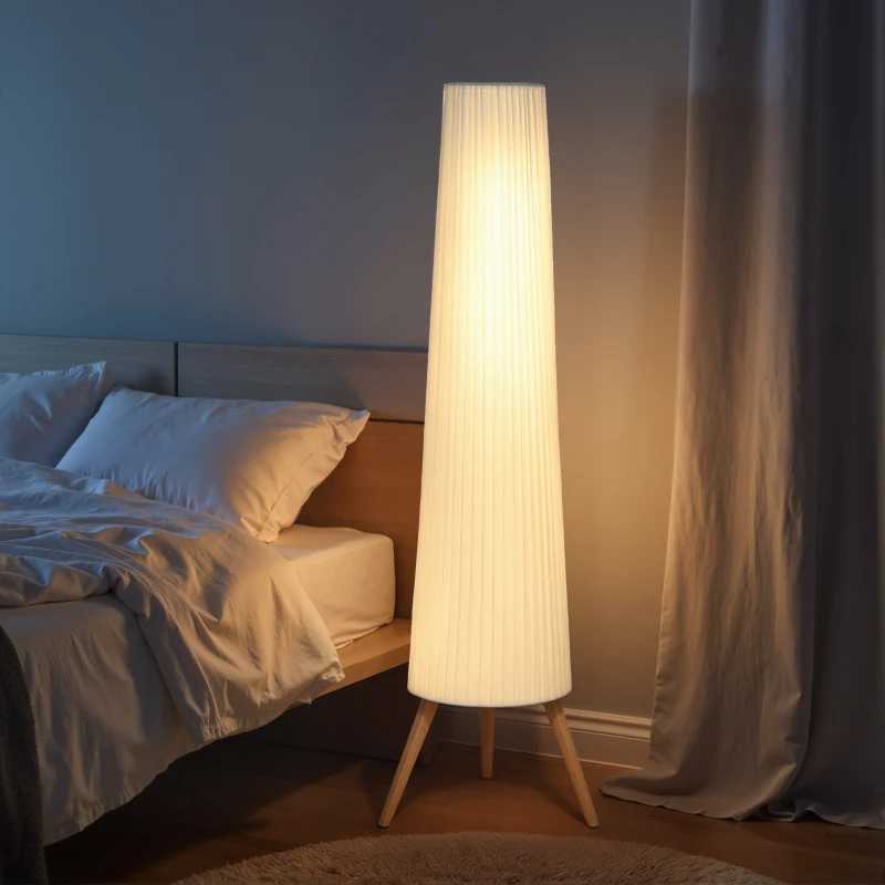 HOMCOM Dimmable Tripod Floor Lamp with Foot Switch, Nordic Standing Lamp with Fabric Shade, 153cm, White, White and Natural
