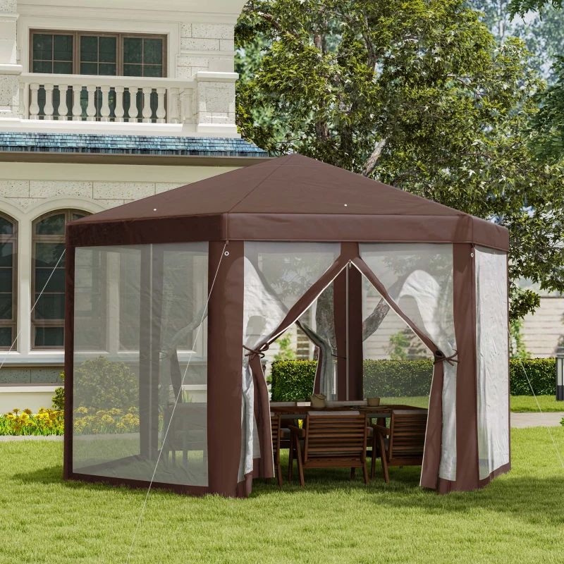 Outsunny Hexagonal Garden Gazebo - Patio Party Outdoor Canopy Tent Sun Shelter with Mosquito Netting and Zipped Door, Brown