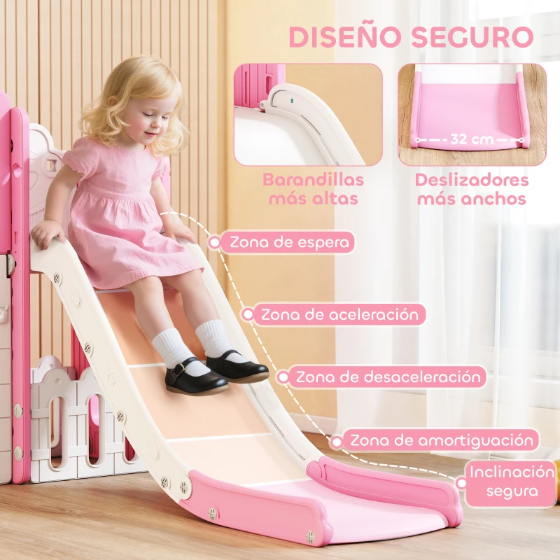 AIYAPLAY Tobogán Infantil 7 en 1 Temática de Rana con Aro de Baloncesto Túnel Pizarra Telescopio Escalador y Cajas Rosa