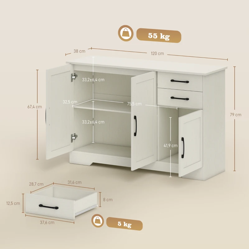 HOMCOM Aparador com 3 Portas Moderno para Sala de Estar com 2 Gavetas Prateleira Ajustável 120x38x79 cm Branco com Efeito Madeira