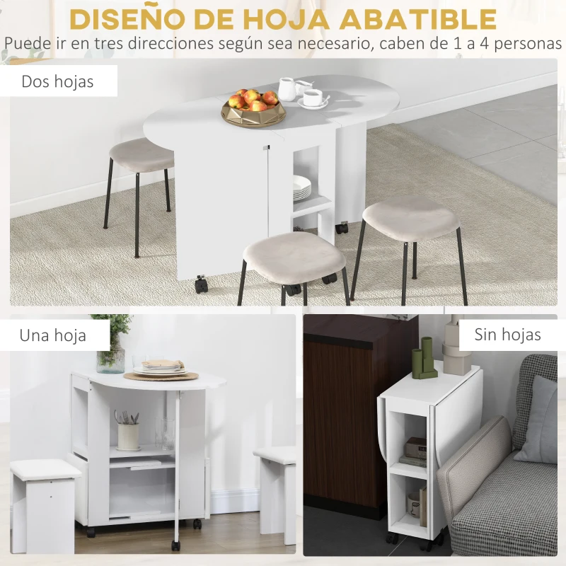 HOMCOM Mesa de Comedor Plegable con Ruedas Mesa de Cocina con Alas Abatibles y 2 Estantes Abiertos 120x60x77 cm Blanco