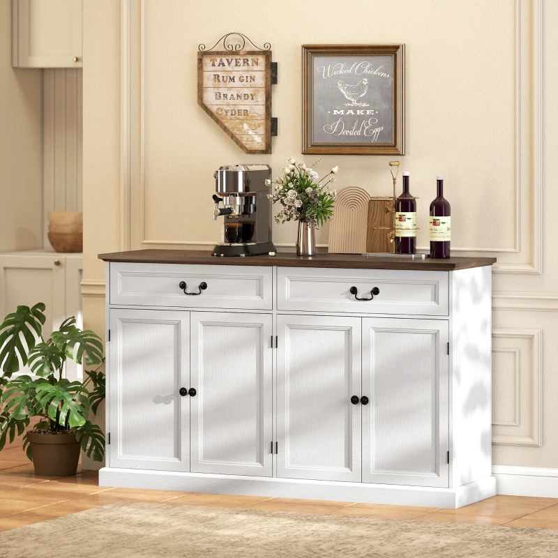 HOMCOM Aparador de sala, móvel de arrumação com 4 portas, 2 gavetas silenciosas, prateleiras reguláveis, 140x40x85cm, branco e castanho