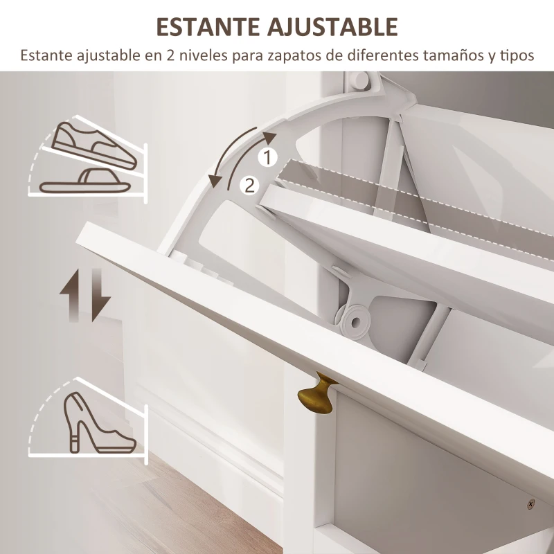 HOMCOM Zapatero Estrecho con 2 Cajones Abatibles Estantes Ajustables para 16 Pares de Zapatos 84x29x109 cm Blanco