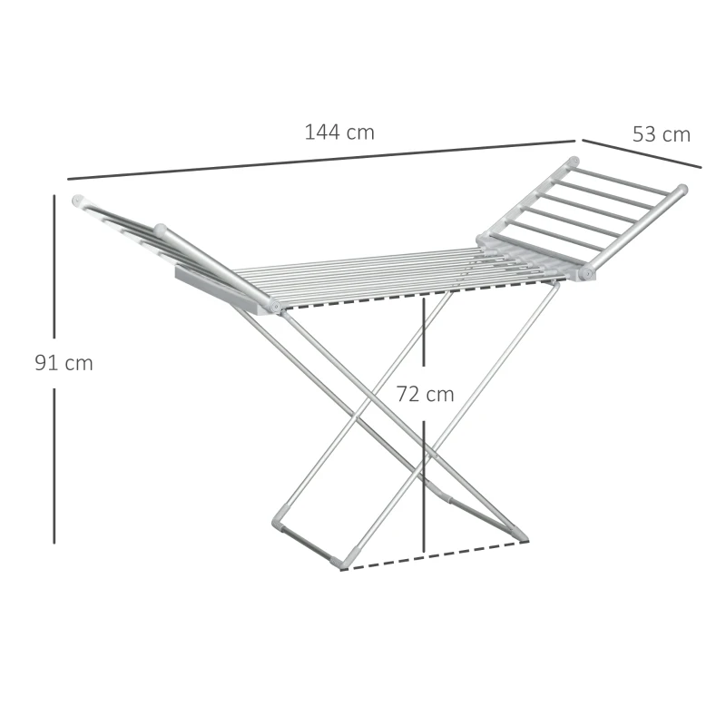 HOMCOM Estendal elétrico para roupa 2 asas laterais extensíveis estrutura em liga de alumínio 144 x 53 x 91 cm