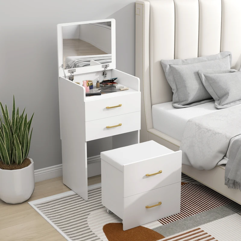 HOMCOM 3-in-1 Make-uptafel met Spiegel, Nachtkastje, Rollende Kruk, Lades, Wit(m-9)