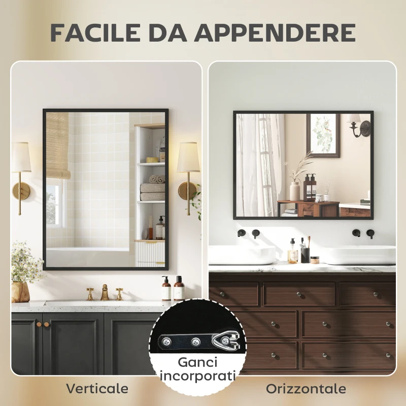 HOMCOM Specchio Bagno Parete Rettangolare con Ganci, Specchio da Camera in Vetro e MDF, 70x90 cm, Nero