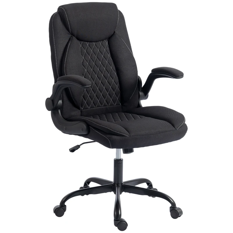 HOMCOM Linen-Look Computer Desk Chair, Executive Office Chair with Flip-Up Armrests and Thick Cushion, Black