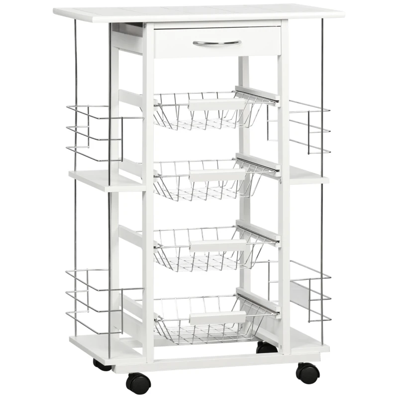 HOMCOM Carrito de Cocina con Ruedas Carrito Verdulero con Cajón Cestas y Estantes Laterales 57x37x83cm Blanco