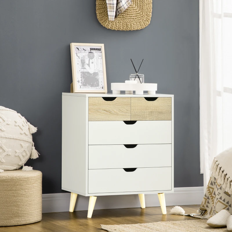 HOMCOM Cómoda con 5 Cajones Cajonera para Dormitorio Salón Estudio Estilo Moderno 60x40x77,5 cm Natural y Blanco