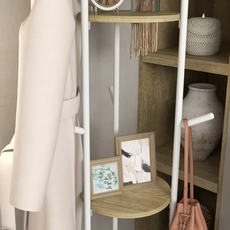 HOMCOM Cabideiro de pé móvel de entrada em aço com 9 ganchos e 2 prateleiras redondas Ø 40 x 167 cm natural e branco