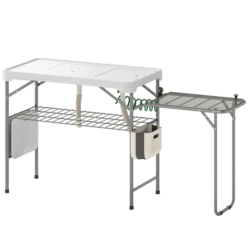 Outsunny Mesa Plegable Camping con 2 Fregaderos Grifo Manguera Estante Lateral Cajón Cesta Rejilla Regla y Ranuras Blanco