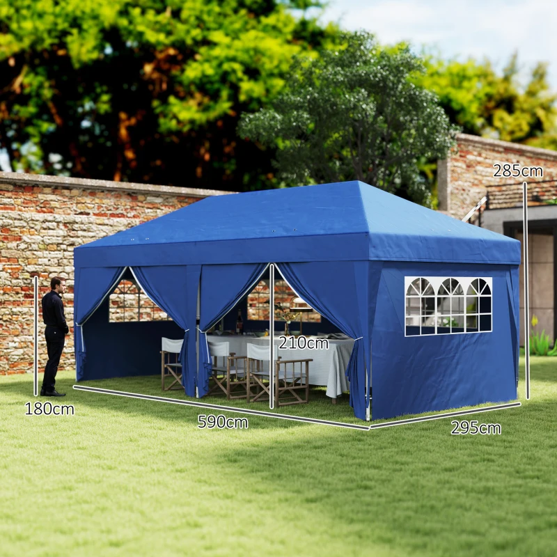Outsunny Tenda de jardim exterior tenda dobrável 3 x 6 m com 6 paredes laterais, saco de transporte incluído, azul