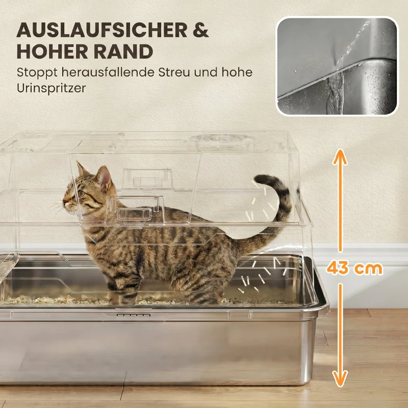 PawHut Katzenklo XXL Edelstahl Katzentoilette 130L mit 180° Klappdeckel Hohen Seitenwänden Schaufel Trittstufe 70x50x43cm Grau