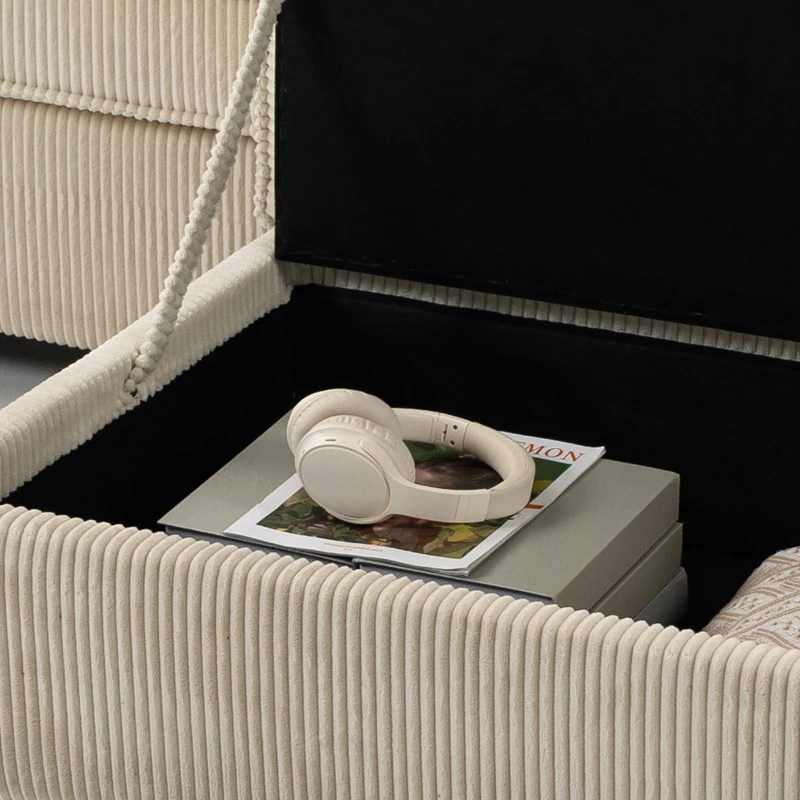 HOMCOM Canapé 3 Places avec Pouf de Rangement, Canapé d'Angle en Velours Côtelé, Assise Large, 2 Coussins, Beige
