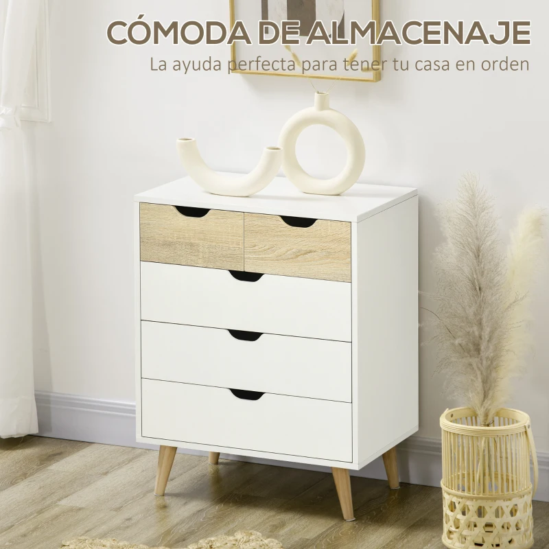 HOMCOM Cómoda con 5 Cajones Cajonera para Dormitorio Salón Estudio Estilo Moderno 60x40x77,5 cm Natural y Blanco