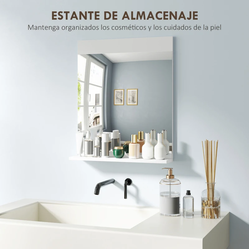 HOMCOM Espejo de Baño de Pared con Estante Abierto Espejo para Entrada Pasillo 50x12x60 cm Blanco