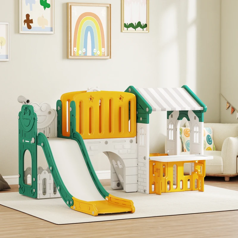 AIYAPLAY Tobogán Infantil 7 en 1 con Caseta Escalera Aro de Baloncesto Túnel Pizarra Telescopio para Interior Amarillo y Verde