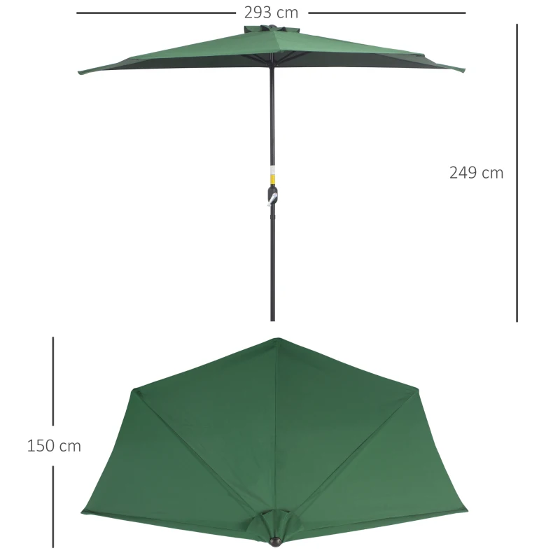 Outsunny Meio guarda-sol guarda-sol de varanda 5 suportes metal respiradouro incluído 2,93 x 1,5 x 2,49 m poliéster alta densidade verde