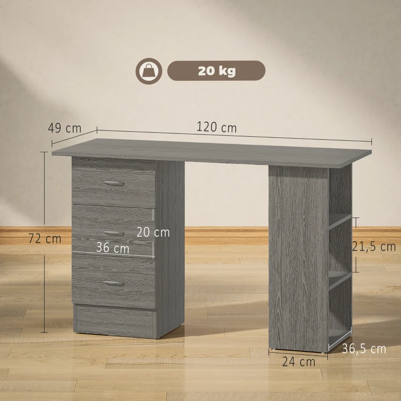 HOMCOM Bureau d'ordinateur réversible, table informatique avec 3 tiroirs et 3 étagères ouvertes, 120 x 49 x 72 cm, gris