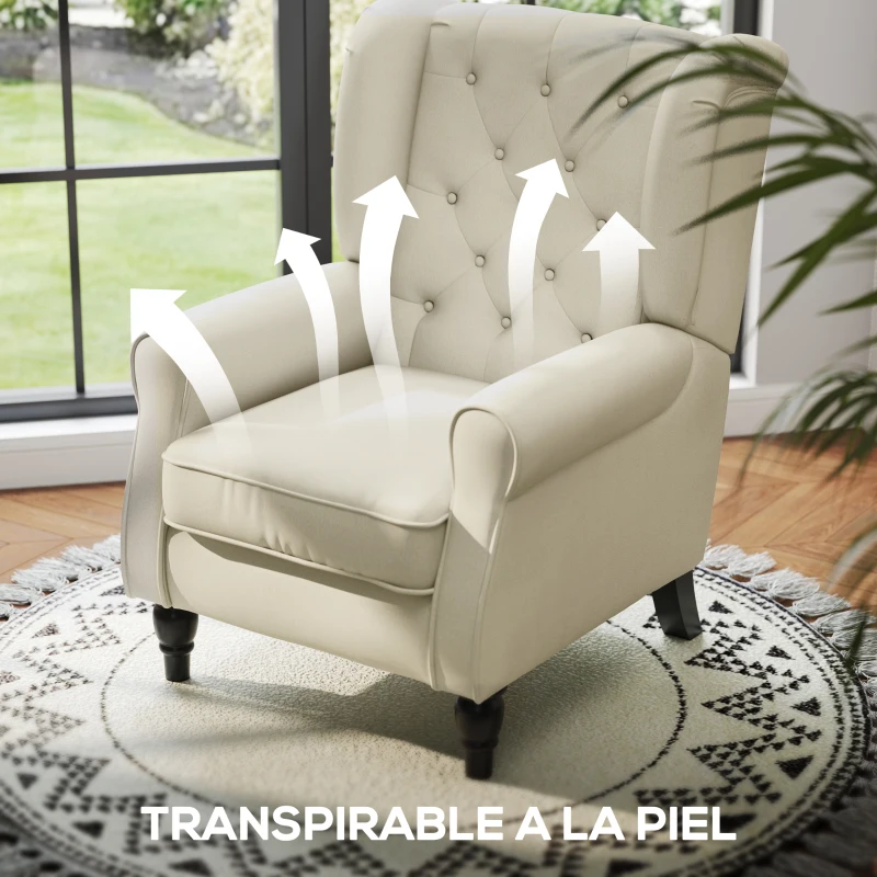HOMCOM Sillón de Salón con Reposacabezas y Patas de Madera Butaca Carga 160 kg para Dormitorio Oficina Sala de Estar Crema