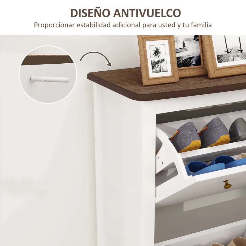 HOMCOM Zapatero Estrecho con 2 Cajones Abatibles Estantes Ajustables para 16 Pares de Zapatos 84x29x109 cm Blanco