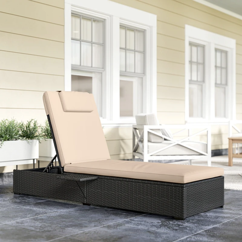 Outsunny Rattan Sun Lounger with 5-Level Reclining Back Side Tray and Cushion, Black