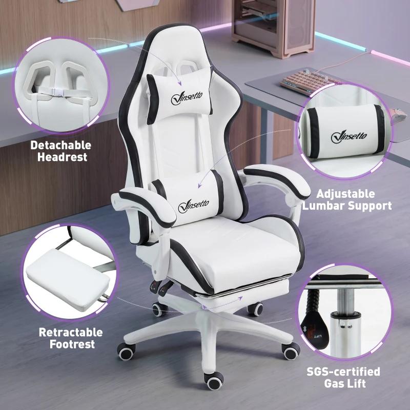 Vinsetto Siège gaming fauteuil gaming dossier inclinable 135° avec appui-tête repose-pieds 65l x 65P x 121-129H cm blanc et noir