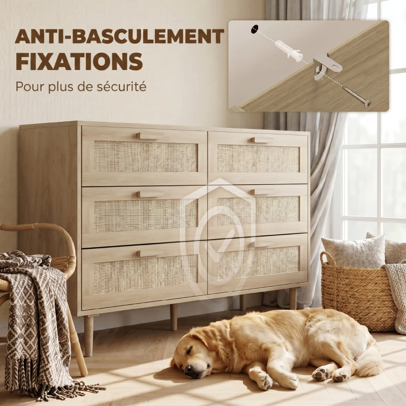 HOMCOM Commode 6 tiroirs meuble de rangement avec tissage en rotin dim. 110L x 40l x 75H cm Aspect Bois Clair