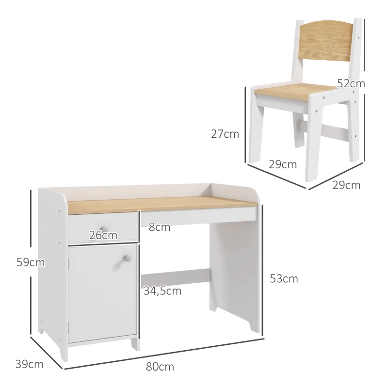 ZONEKIZ Kinderschreibtisch mit Stuhl, Kindertisch mit Schublade, Fach und großer Arbeitsfläche, für 3 bis 6 Jahre, 80 x 39 x 59 cm, weiß