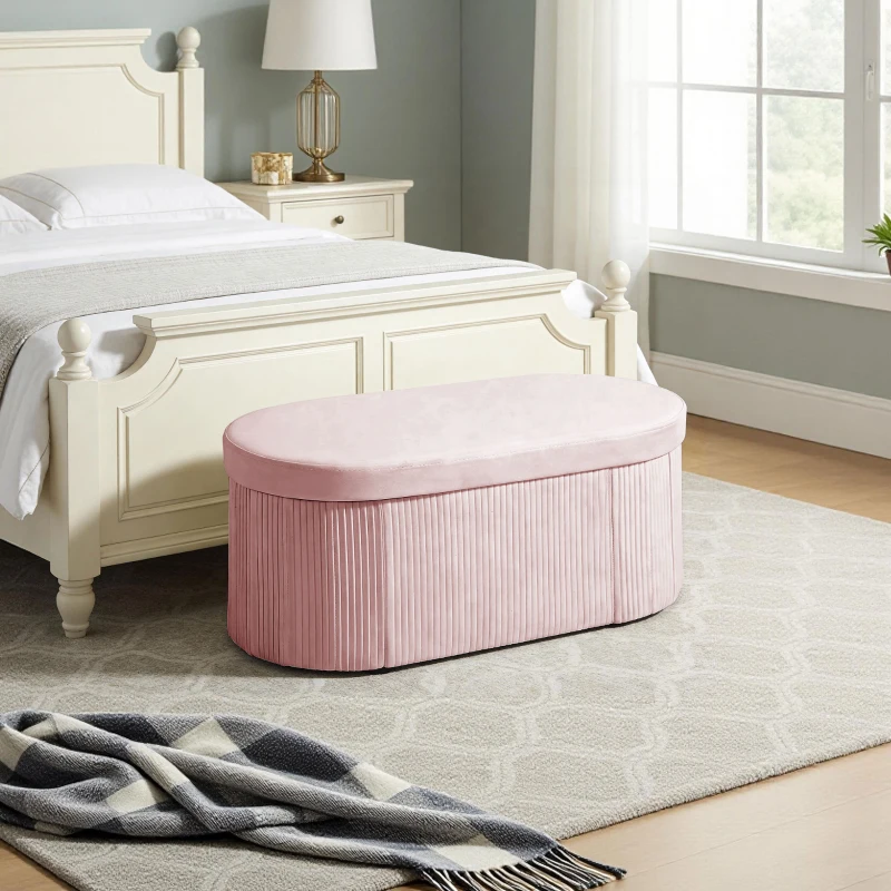 HOMCOM Puff de Arrumação Banco de Arrumação Dobrável 72 L 76x38x35 cm Estofado em Veludo Baú de Armazenamento Rosa