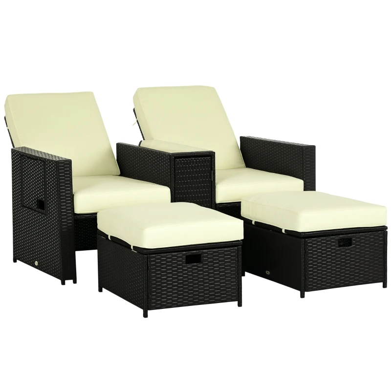 Outsunny 5PC PE Rattan Sun Lounger, Outdoor Wicker 5-level Adjustable Recliner Sofa Bed with Storage Side Table and Footstools, for Patio, Garden, Poolside, Black