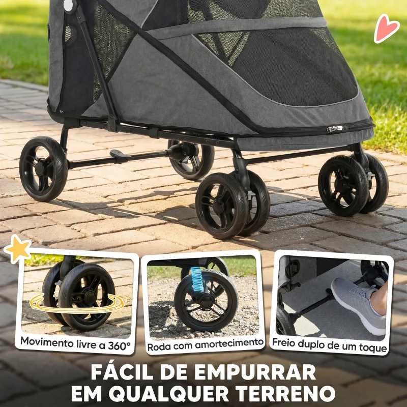 PawHut Carrinho para Cães Dobrável com um Botão até 30 kg com Suspensão em 4 Rodas Giratório e Travão de Pé Cinzento