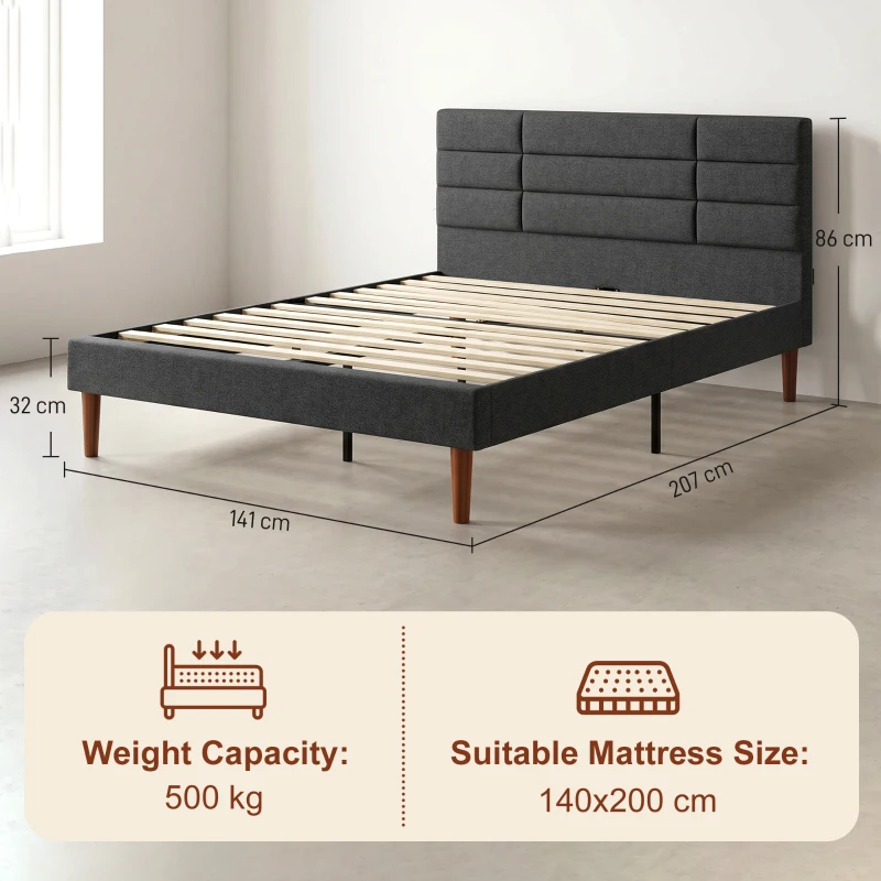 HOMCOM Pat tapițat 140x200 cm cu tăblie capitonată tip plasă Depozitare inferioară Lamele din lemn Gri