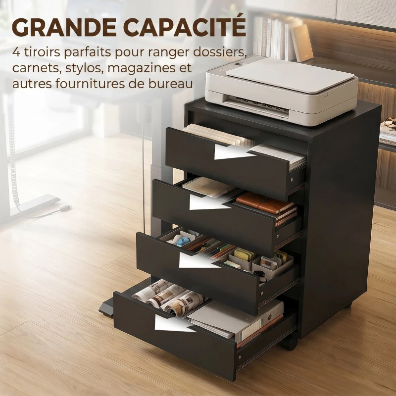 HOMCOM Caisson de bureau rangement bureau sur roulettes 4 tiroirs coulissants en bois aspect bois noir