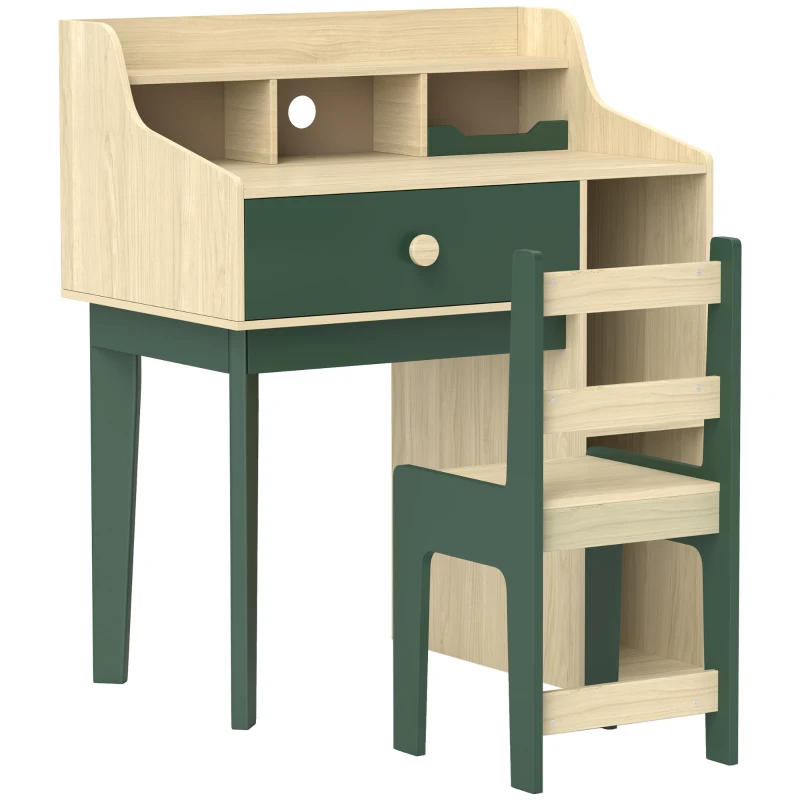 AIYAPLAY Conjunto de secretária e cadeira para criança com prateleiras de arrumação e gaveta, mobiliário infantil para 3 a 10 anos, verde