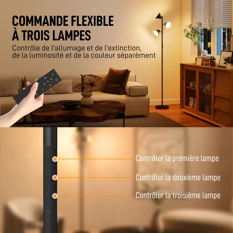 HOMCOM Lampadaire LED lampadaires sur pied salon dimmable 2700K-6000K 4150 lm 3 têtes rotatives Ø 25 x 170 cm noir