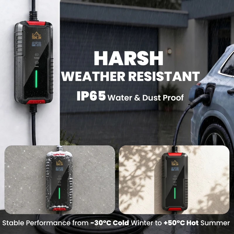 HOMCOM Chargeur Voiture Électrique Type 2, 7kW, 6-32A, 8m, Prise CEE, Adaptateur Européen, Écran LCD, IP65, 21x8,5x5cm, Noir