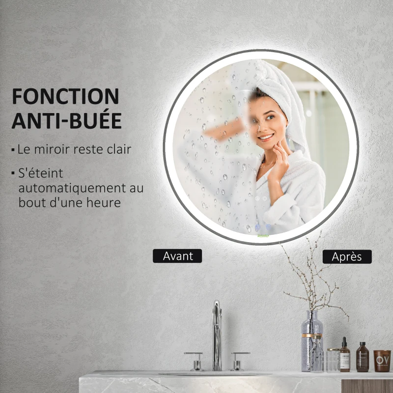 kleankin Miroir rond lumineux LED de salle de bain Ø 80 cm mural avec éclairage 3 couleurs interrupteur tactile 46W blanc argent